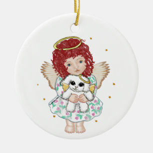 Adorno De Cerámica Chica Angel Holding Dog