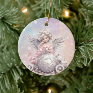 Adorno De Cerámica Chica Angel Navidades rosados de plata