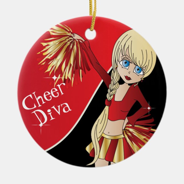 Adorno De Cerámica Chica animadora 📣 💖 Diva Red CheerLeader (Frente)
