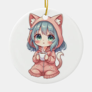 Adorno De Cerámica Chica Anime Kawaii Acogedora con Sudadera con Capu