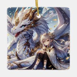 Adorno De Cerámica Chica anime y dragón blanco y de oro