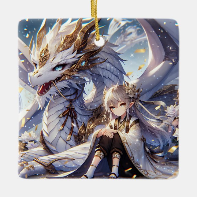 Adorno De Cerámica Chica anime y dragón blanco y de oro (Anverso)