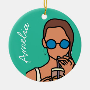 Adorno De Cerámica Chica bebiendo té de burbuja adolescente moderno