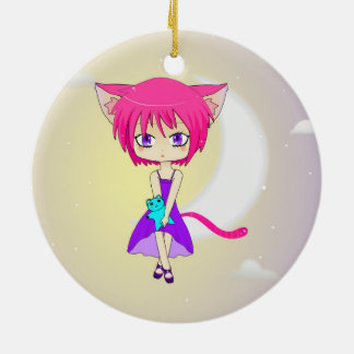 Adorno De Cerámica Chica cabelludo rosado del animado de Neko,