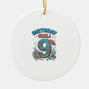 Adorno De Cerámica Chica Cumpleaños 9 Tortuga Oceánica Diseño Vectori