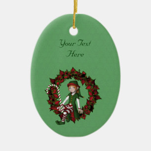 Adorno De Cerámica Chica Cute Elf Poinsettia Wreath Holiday