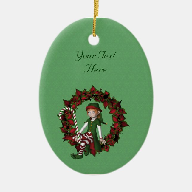 Adorno De Cerámica Chica Cute Elf Poinsettia Wreath Holiday (Frente)