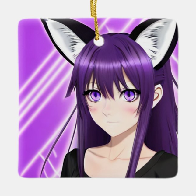 Adorno De Cerámica Chica de anime personalizado con pelo morado y ojo (Anverso)