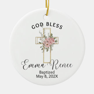 Adorno De Cerámica Chica de bautismo personalizado con cruces florale