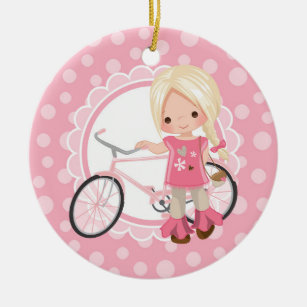 Adorno De Cerámica Chica de bicicleta rubia - Blanco rosa