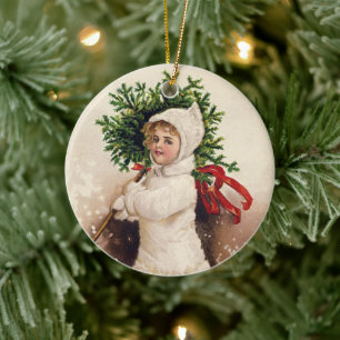 Adorno De Cerámica Chica de época con árbol de Navidad, Ellen Clapsad