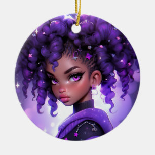 Adorno De Cerámica Chica de galaxia púrpura con pelo rizado
