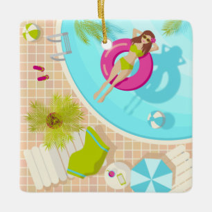 Adorno De Cerámica Chica de la piscina en la playa de verano de bikin
