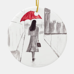 Adorno De Cerámica Chica de Londres con paraguas rojos