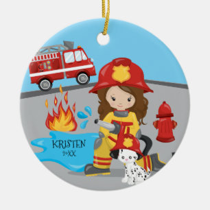 Adorno De Cerámica Chica de pelo castaño única bombero Navidad