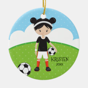 Adorno De Cerámica Chica de pelo negro lindo fútbol Navidad personali
