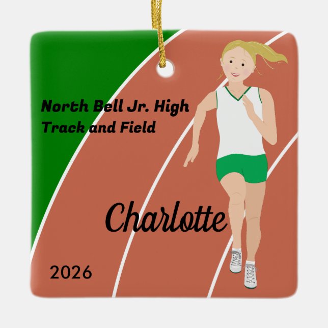 Adorno De Cerámica Chica de pista rubia y campo en verde y blanco (Anverso)