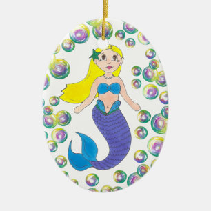 Adorno De Cerámica Chica de sirena nadando rubia burbuja océano mar