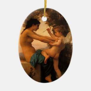 Adorno De Cerámica Chica defendiéndose contra cupido de Bouguereau