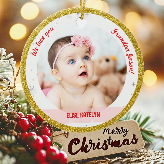 Adorno De Cerámica Chica gemelo fotografía abuelo primera bebé navide (Modern Elegant Cute We love you, Grandpa First Christmas Twins Girl Boy 2 Photos Golden Faux Glitter)
