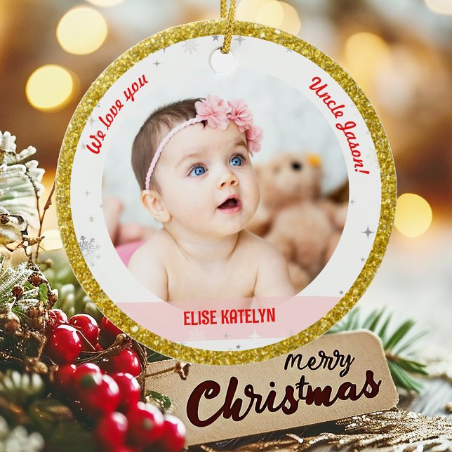 Adorno De Cerámica Chica gemelos niño fotos tío primera bebé navideña (Modern Elegant Cute We love you, Uncle! First Christmas Twins Girl Boy 2 Photos Golden Faux Glitter)