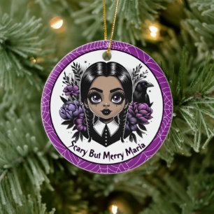 Adorno De Cerámica Chica Gótica Púrpura Floral Oscura Creepmas Navida