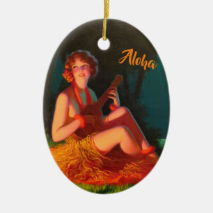 Adorno De Cerámica Chica hawaiano con Ukulele