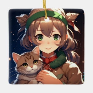 Adorno De Cerámica Chica linda de Anime sosteniendo un gatito de Navi