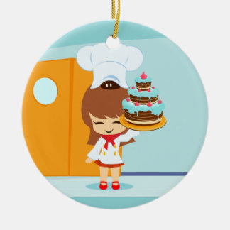 Adorno De Cerámica Chica lindo sostiene pastel de cumpleaños de choco