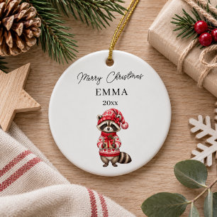 Adorno De Cerámica Chica Mapache de Navidad Acuarela Nombre