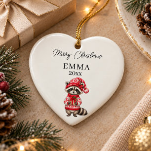 Adorno De Cerámica Chica Mapache de Navidad Acuarela Nombre Corazón