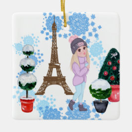 Adorno De Cerámica Chica personalizado en la Torre Eiffel de Invierno