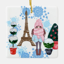 Adorno De Cerámica Chica personalizado en la Torre Eiffel de Invierno