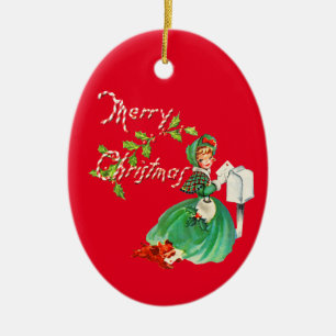 Adorno De Cerámica Chica retro y Navidades de la vieja moda de perro