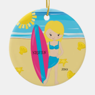 Adorno De Cerámica Chica Rubia Adorable Surfista Navidad Personalizad
