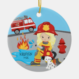 Adorno De Cerámica Chica Rubia Bombera Única Navidad