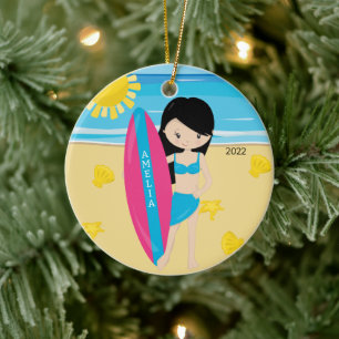 Adorno De Cerámica Chica surfista de pelo negro lindo Personalizado N