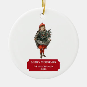Adorno De Cerámica Chica vintage de Navidad y bayas de acebo festivas