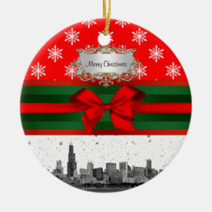 Adorno De Cerámica Chicago Skyline Copo de Nieve Rojo Navidad