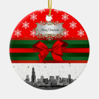 Adorno De Cerámica Chicago Skyline Copo de Nieve Rojo Navidad
