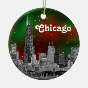 Adorno De Cerámica Chicago Skyline Grabado, Cielo Estrellado Rojo Ver