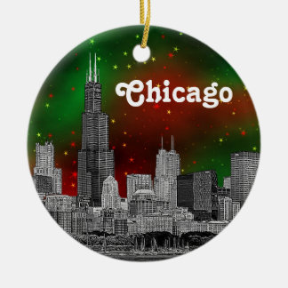 Adorno De Cerámica Chicago Skyline Grabado, Cielo Estrellado Rojo Ver