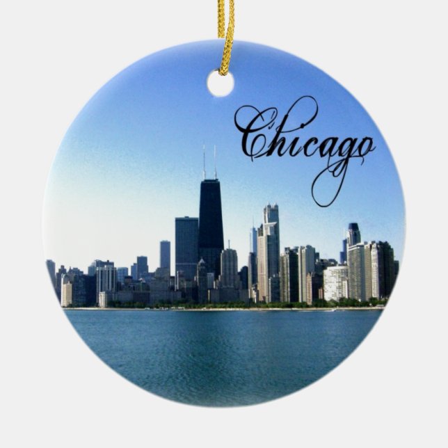 Adorno De Cerámica Chicago Skyline Photo con Chicago Text (Frente)