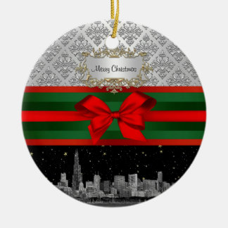 Adorno De Cerámica Chicago Skyline Plata Blanco Damask #3 Lazo Navida