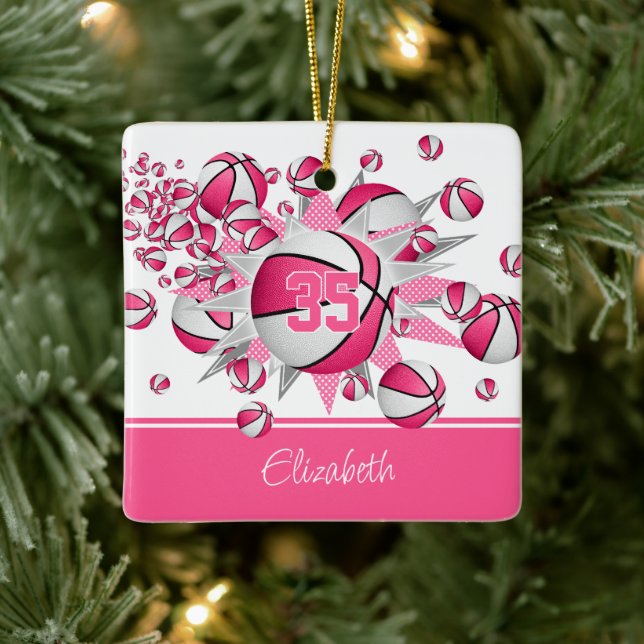 Adorno De Cerámica chicas de baloncesto blanco rosado (Árbol)