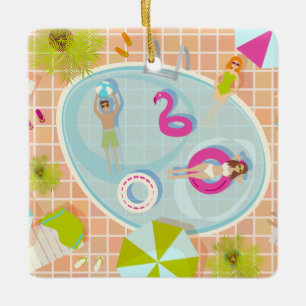 Adorno De Cerámica Chicas en bikini y chicos jugando juego de piscina