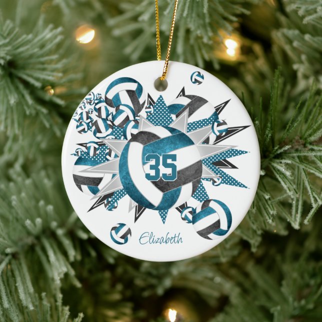 Adorno De Cerámica chicas estrellas verde azuladas de voleibol negro (Árbol)