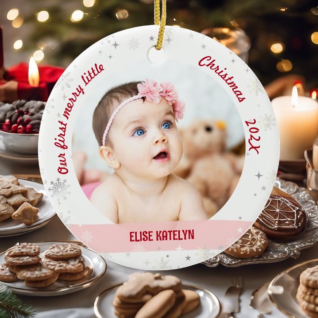 Adorno De Cerámica Chicas gemelos 2 fotos primeros Navidades (Modern Elegant Cute Our First Merry Little Christmas Twins Baby Girls 2 Photos Snowflakes Stars Pink)
