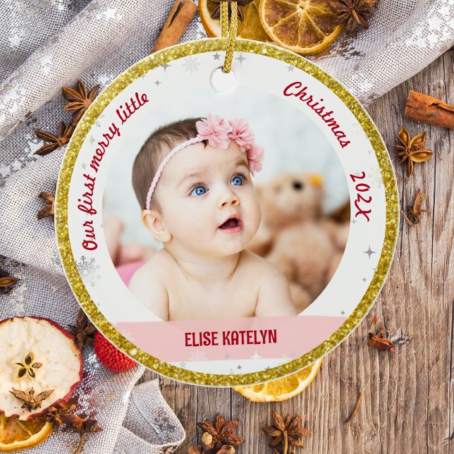 Adorno De Cerámica Chicas gemelos fotografían a nuestros primeros Nav (Modern Elegant Cute Our First Merry Little Christmas Twins Baby Girls 2 Photos Snowflakes Golden)