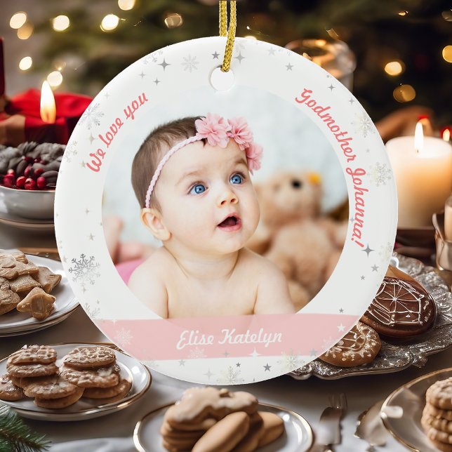 Adorno De Cerámica Chicas gemelos: Fotos de Madrina en primer lugar,  (Modern Elegant Cute First Christmas Baby Twins Girls We love you Godmother 2 Photos Snowflakes Pink)